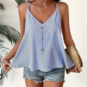 NEW Blue Stripe V-Neck Button Front Cami Tank Top